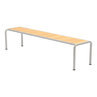 Light wood bench with a sleek metal frame in silver, featuring a simple linear design and smooth surface.
