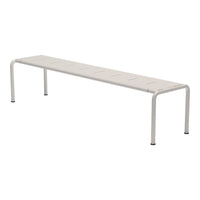 White metal outdoor bench with a sleek, minimal design and horizontal slatted pattern.