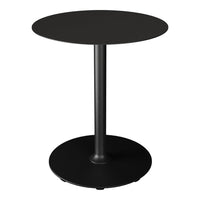 Round black side table with a smooth top and sturdy base, featuring a minimalist design and sleek, modern finish.