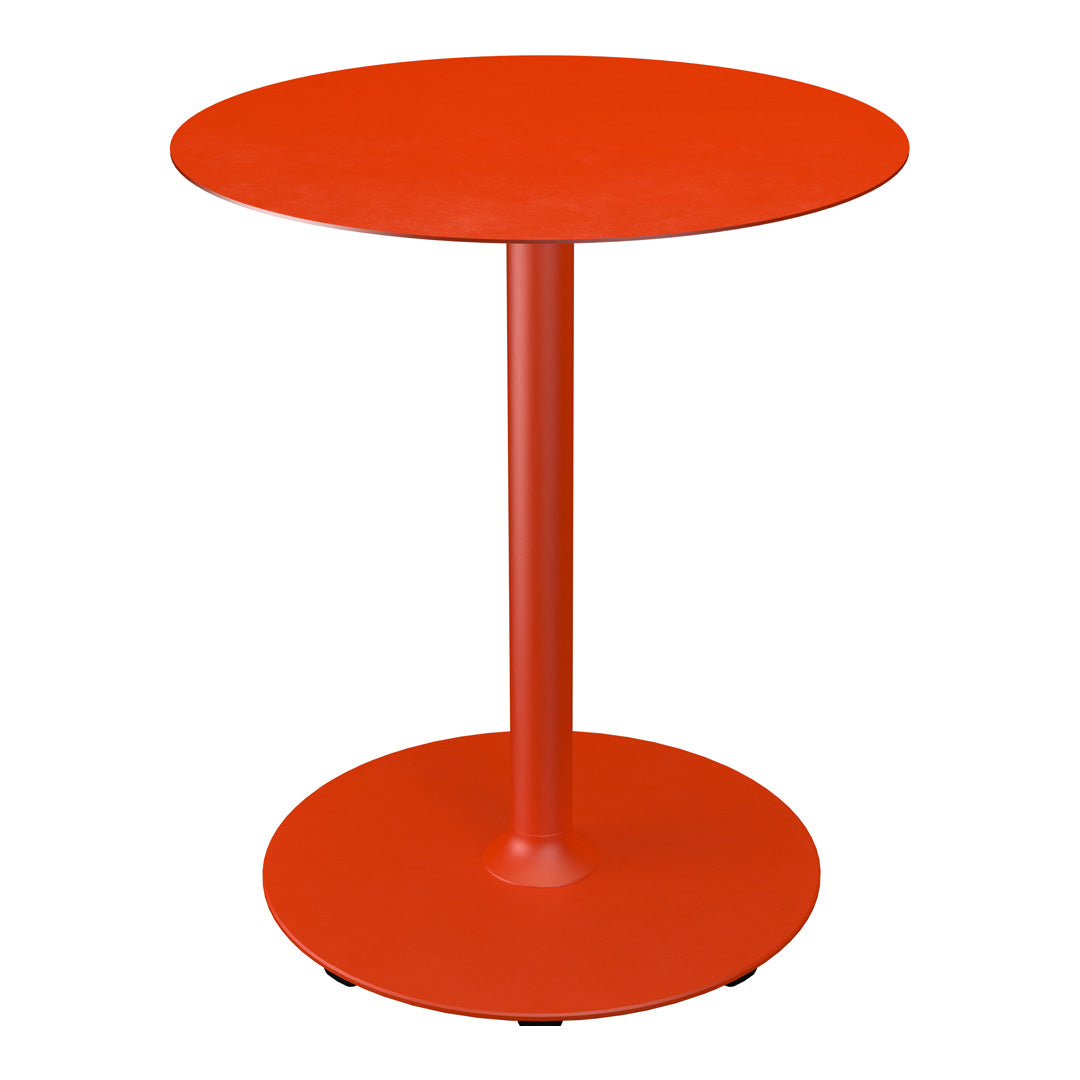Bright orange round side table with a sleek, modern design and a smooth finish, perfect for accenting any space.