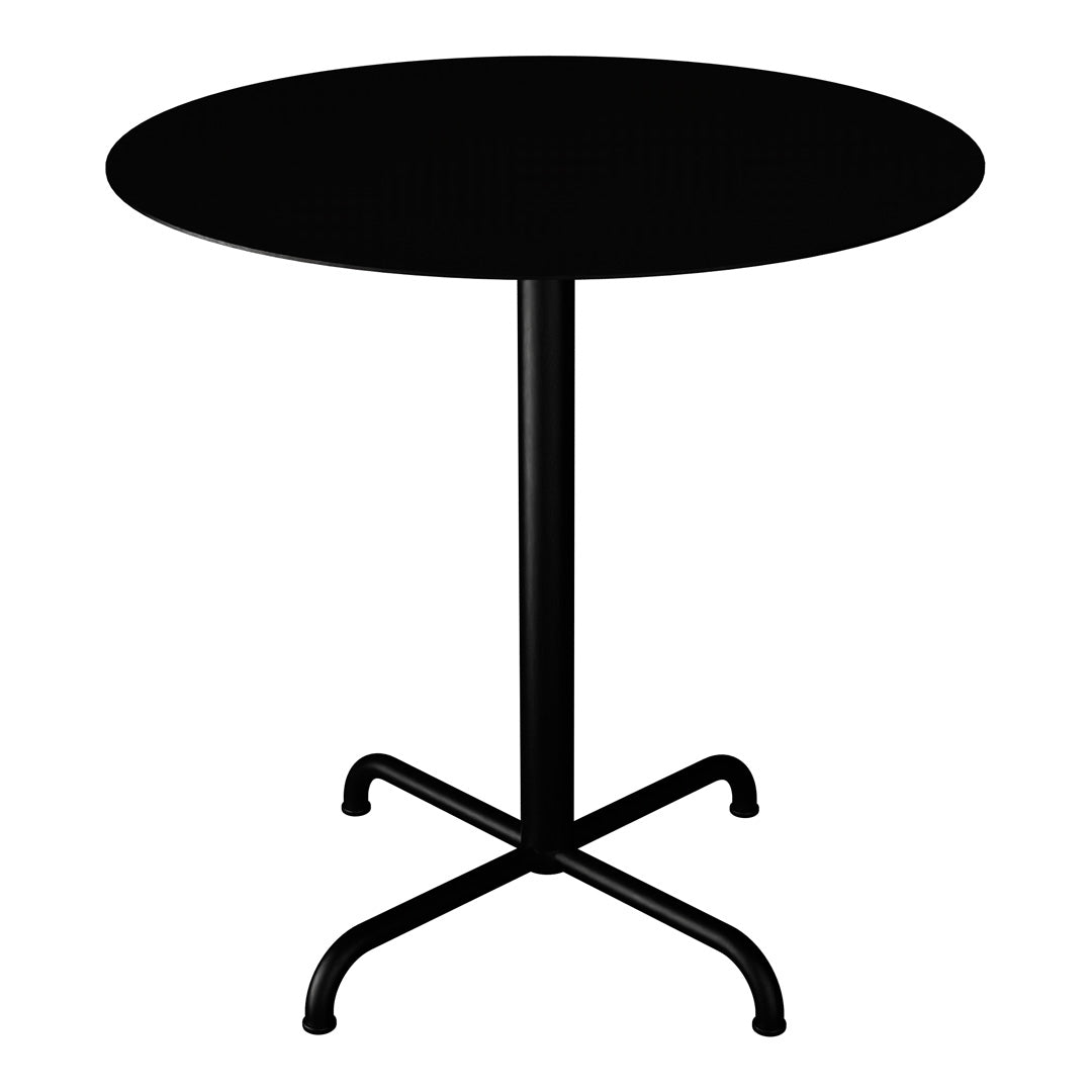 Black circular table with a sleek matte finish and a simple metal base. Ideal for modern decor.