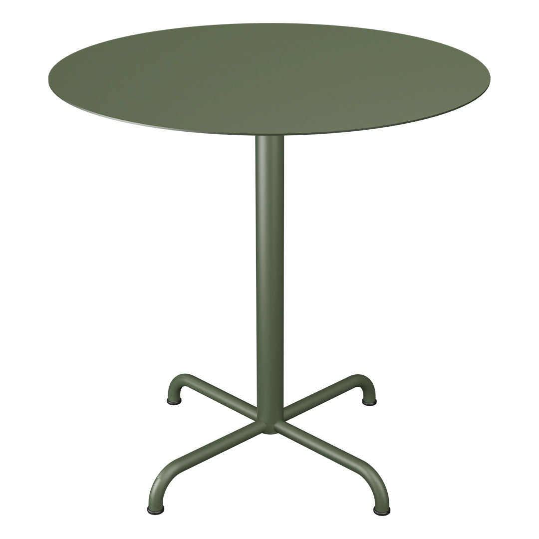 Round green metal table with a smooth surface and minimalist design, featuring a sturdy four-legged base.