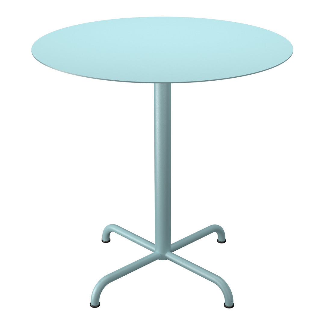 Round aqua blue table with a smooth surface and a minimalist design, featuring a sturdy cross-base in matching color.