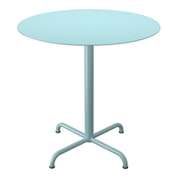 Round aqua blue table with a smooth surface and a minimalist design, featuring a sturdy cross-base in matching color.