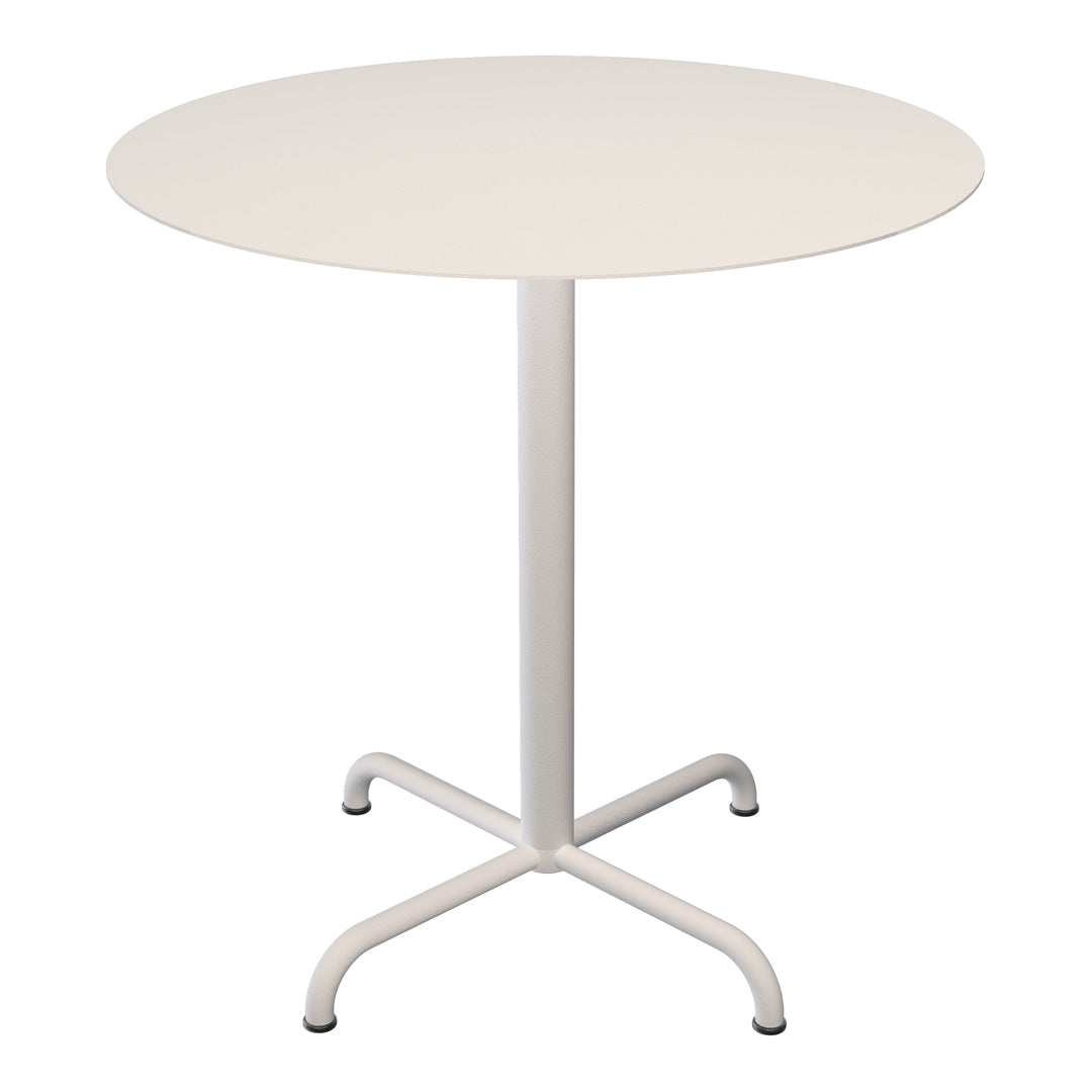Round white tabletop with a smooth surface and a minimalistic white metal base, perfect for modern decor.