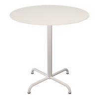 Round white tabletop with a smooth surface and a minimalistic white metal base, perfect for modern decor.