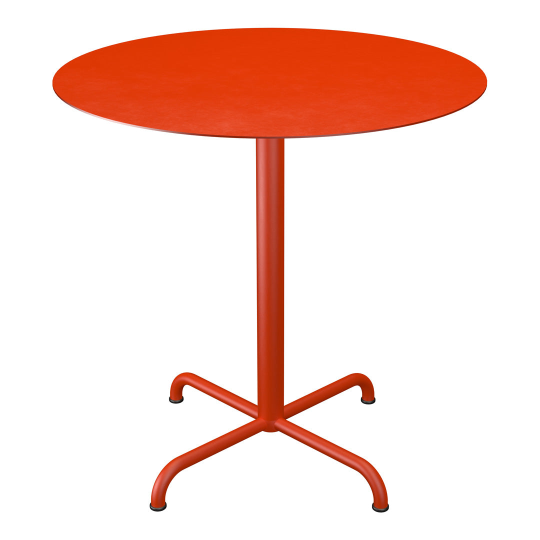 Round table in vibrant red with a smooth finish and minimalist design, featuring a sturdy cross base.