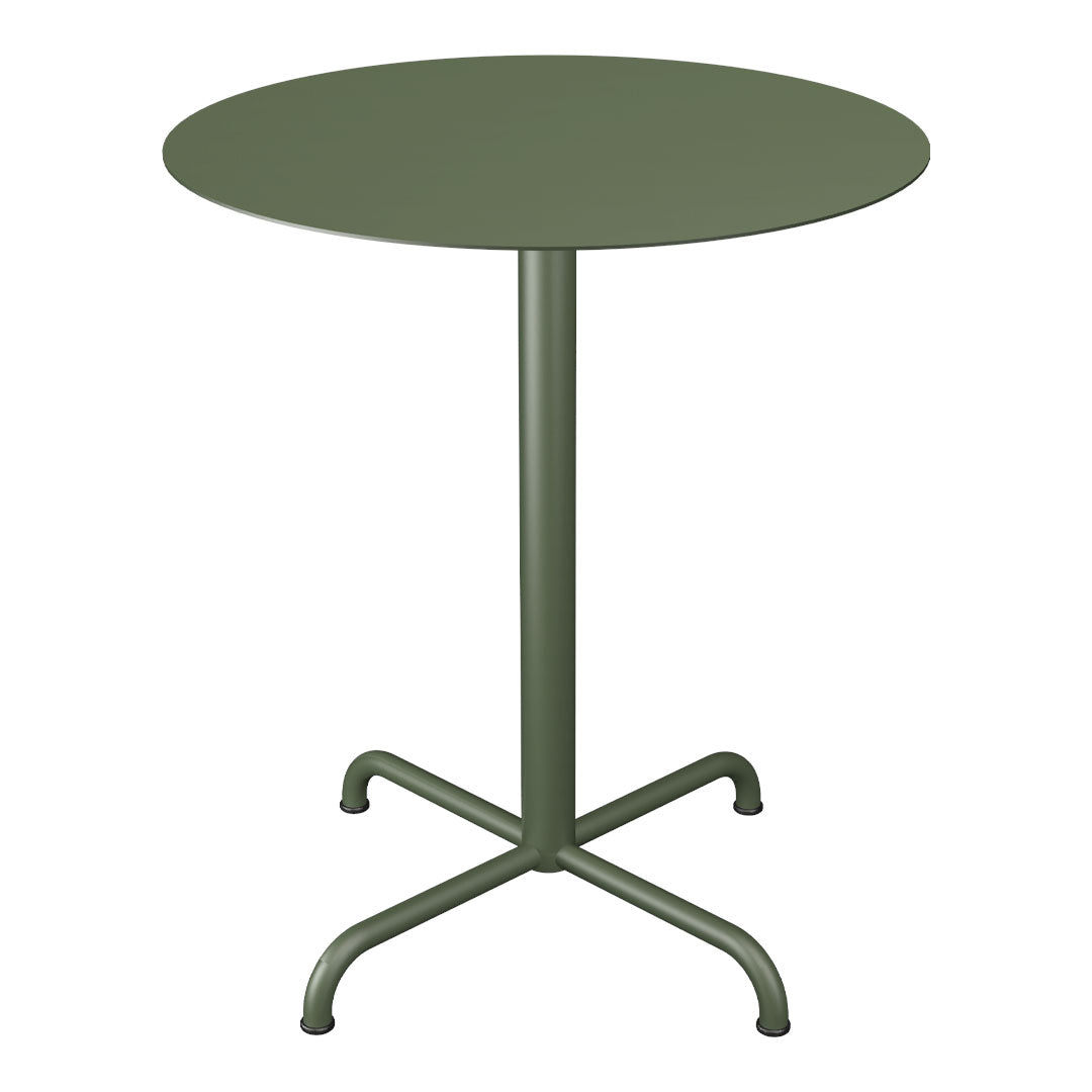 Round olive green table with a sleek, minimalist design and sturdy cross-base. Perfect for modern decor.