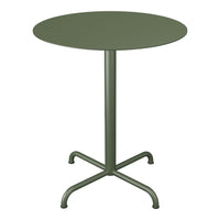 Round olive green table with a sleek, minimalist design and sturdy cross-base. Perfect for modern decor.