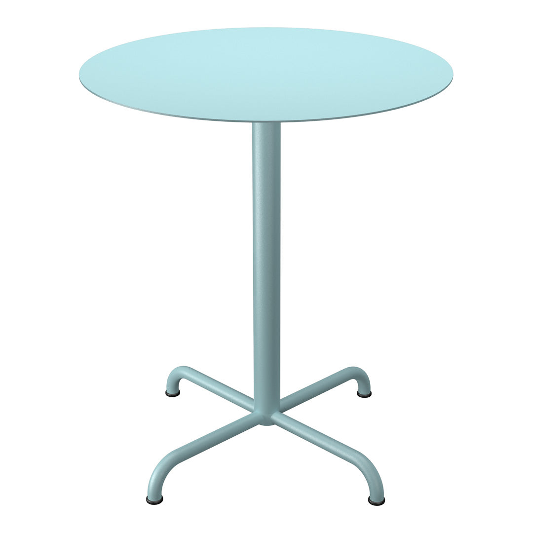 Light blue round table with a sleek, minimalist design and a smooth finish, featuring a sturdy four-legged base.