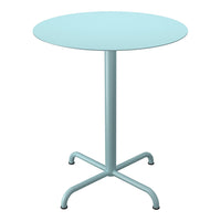 Light blue round table with a sleek, minimalist design and a smooth finish, featuring a sturdy four-legged base.