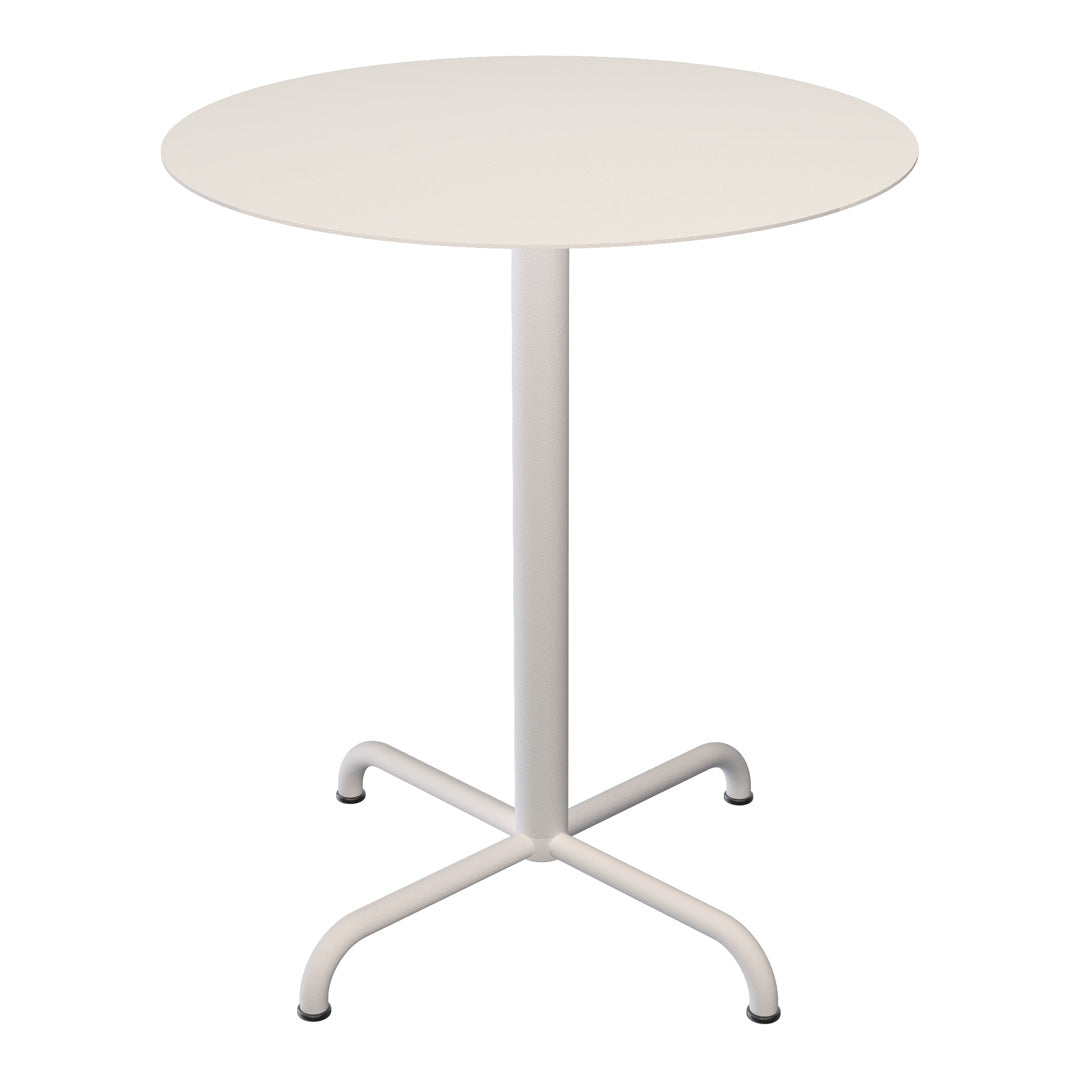 Round white table with a smooth surface and sleek, minimalist design, featuring a sturdy metal base.