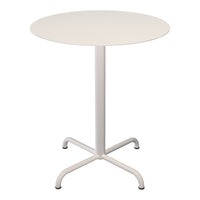 Round white table with a smooth surface and sleek, minimalist design, featuring a sturdy metal base.