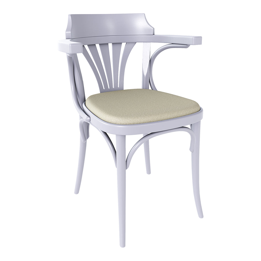 Elegant white wooden chair with minimalist design and soft beige cushion. Perfect for modern decor.