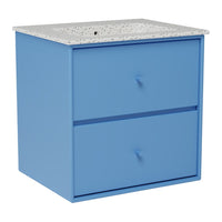 Blue storage cabinet with two drawers and a speckled white countertop. Modern and sleek design.