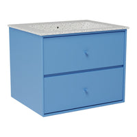 Light blue bathroom vanity with two drawers and a speckled white countertop. Modern and stylish design.