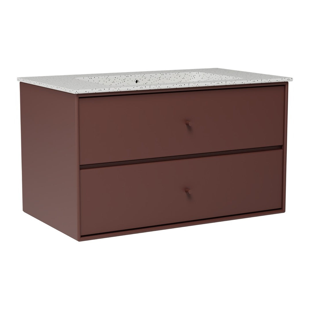 Brown wooden vanity with two drawers and a speckled white countertop. Modern, sleek design with a minimalist look.