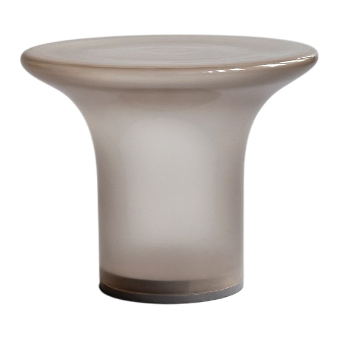 Translucent taupe accent table with smooth, glossy finish and minimalist design. Ideal for modern decor.