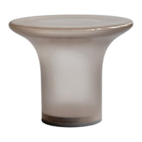 Translucent taupe accent table with smooth, glossy finish and minimalist design. Ideal for modern decor.