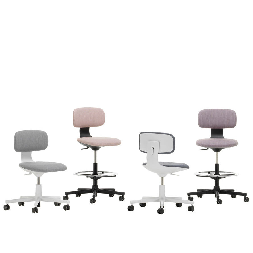 Set of four ergonomic office chairs in soft gray, pastel pink, and light purple hues with sleek white and black accents.