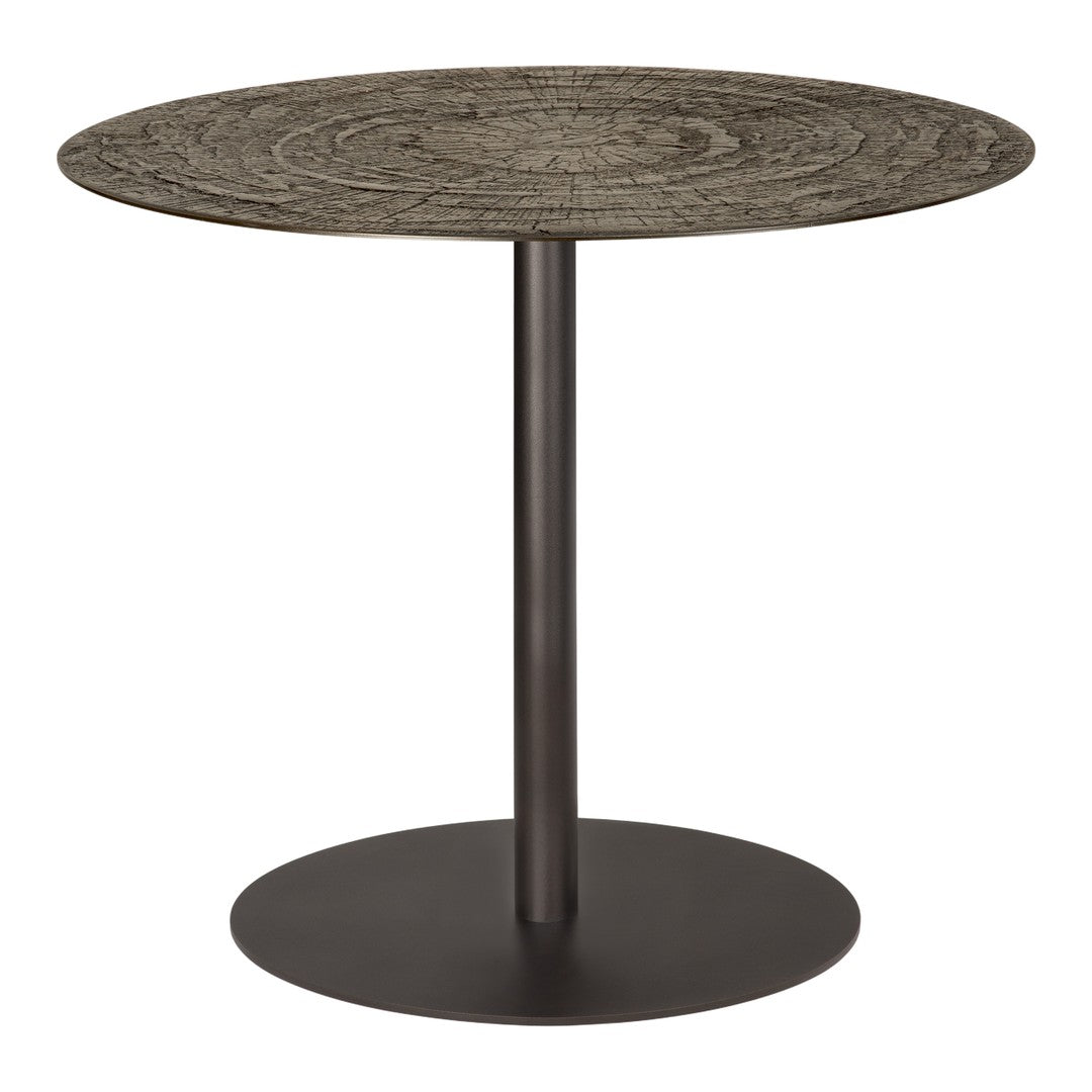 Round table with a textured gray wood top and dark metallic base, featuring a rustic, natural design.