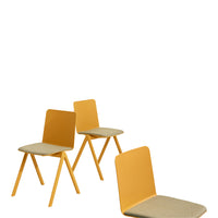 Three modern chairs with vibrant yellow frames and soft beige seats against a white background.