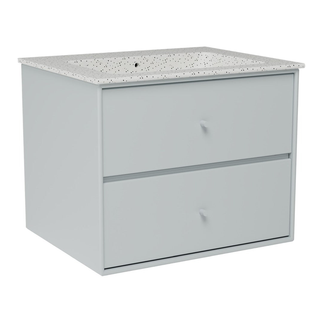 Gray modern bathroom vanity with a speckled white countertop and smooth, minimalistic design.