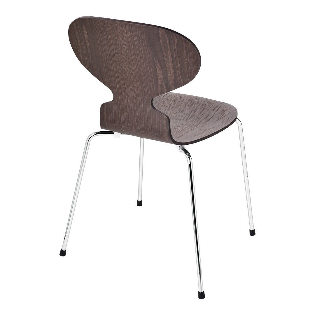 Modern brown wood chair with a sleek, curved backrest and chrome legs, showcasing minimalist design and elegant simplicity.