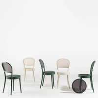 "Set of five chairs in green, beige, and black, featuring sleek lines and mesh patterns."