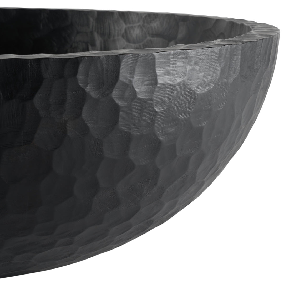 Black hammered bowl with a glossy finish, featuring a unique textured pattern and sleek, modern design.