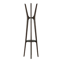 "Elegant brown wood coat rack with a modern, minimalist design and unique geometric pattern."