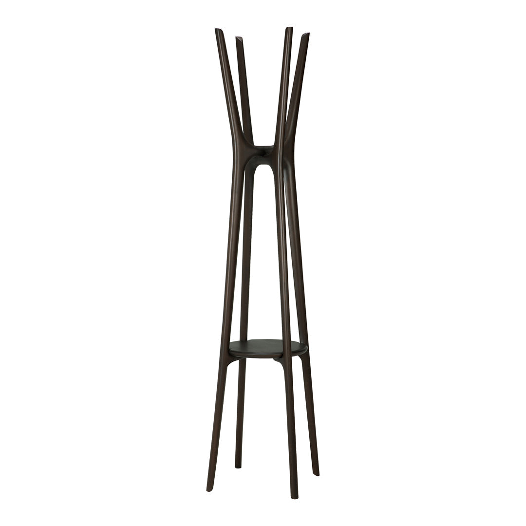 Minimalist coat rack in dark brown with sleek, modern lines and a unique, geometric pattern.