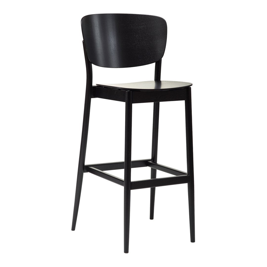 Black wooden bar stool with a smooth finish and simple, modern design. Ideal for contemporary spaces.