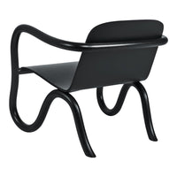 Sleek black chair with smooth curves and a minimalist design, featuring solid black wood and matte finishes.