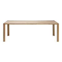 Natural wood dining table with a smooth, light oak finish and minimalist design, featuring clean lines and no patterns.