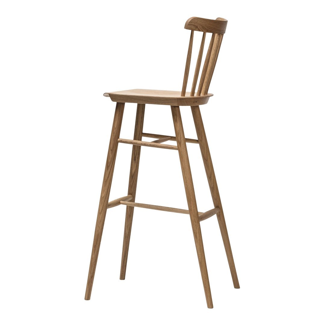 Natural wood bar stool in warm tones with minimalist design and vertical slat backrest. Ideal for modern decor.