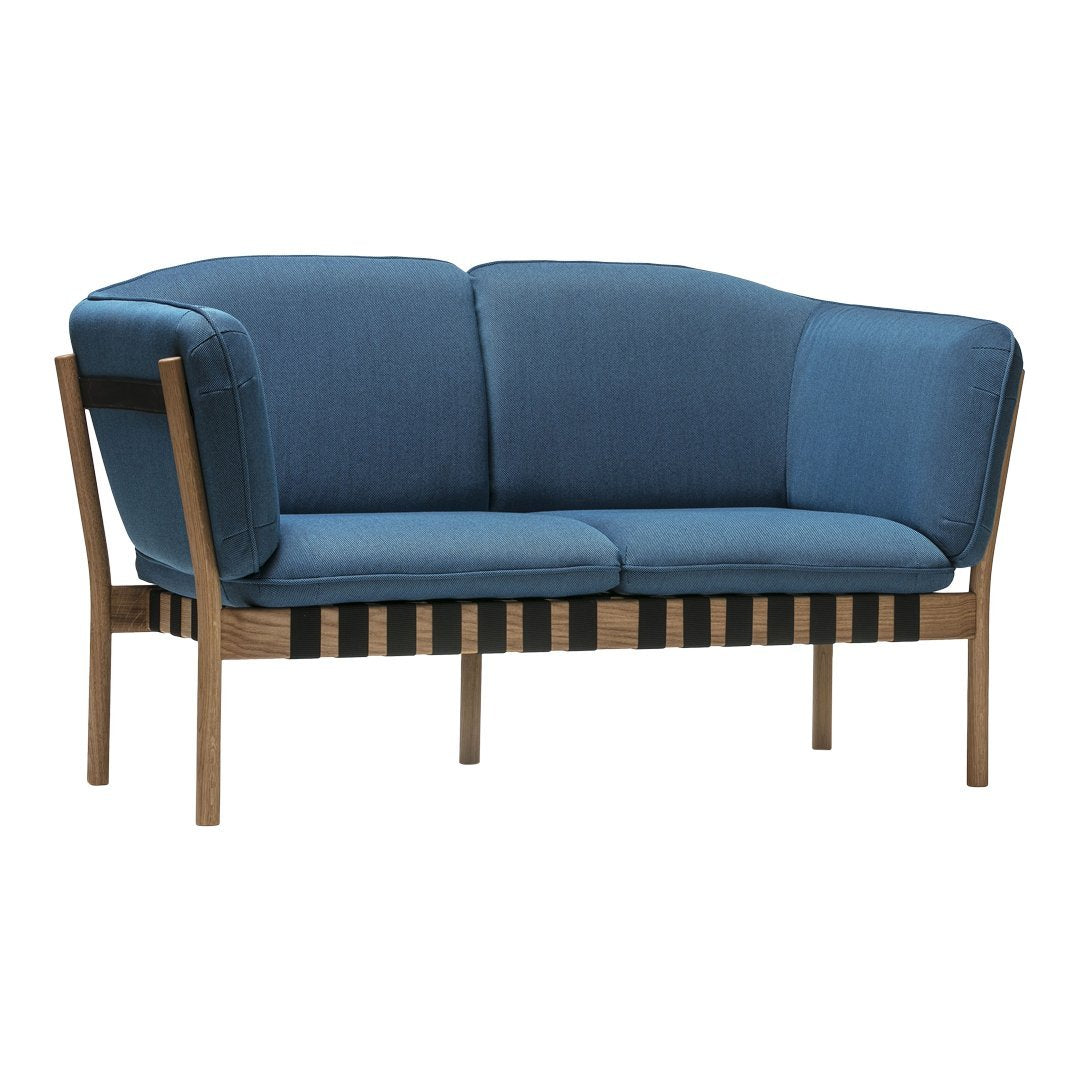 Blue upholstered sofa with a wooden frame featuring black and natural striped patterns. Perfect for modern decor.