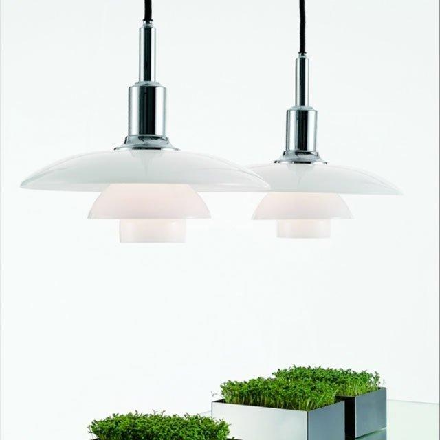 "Modern chrome pendant lights with white glass shades, paired with vibrant green plant accents in stylish planters."