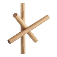 Natural wooden coat rack with light oak finish and smooth, modern design featuring intersecting cylindrical shapes.