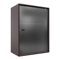 Brown storage cabinet featuring a sleek, ribbed glass door design in dark gray tones. Modern and stylish storage solution.