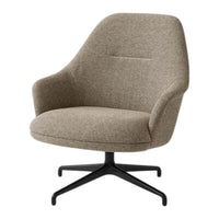 Brown textured upholstered armchair with a smooth, rounded design and a sleek black base.