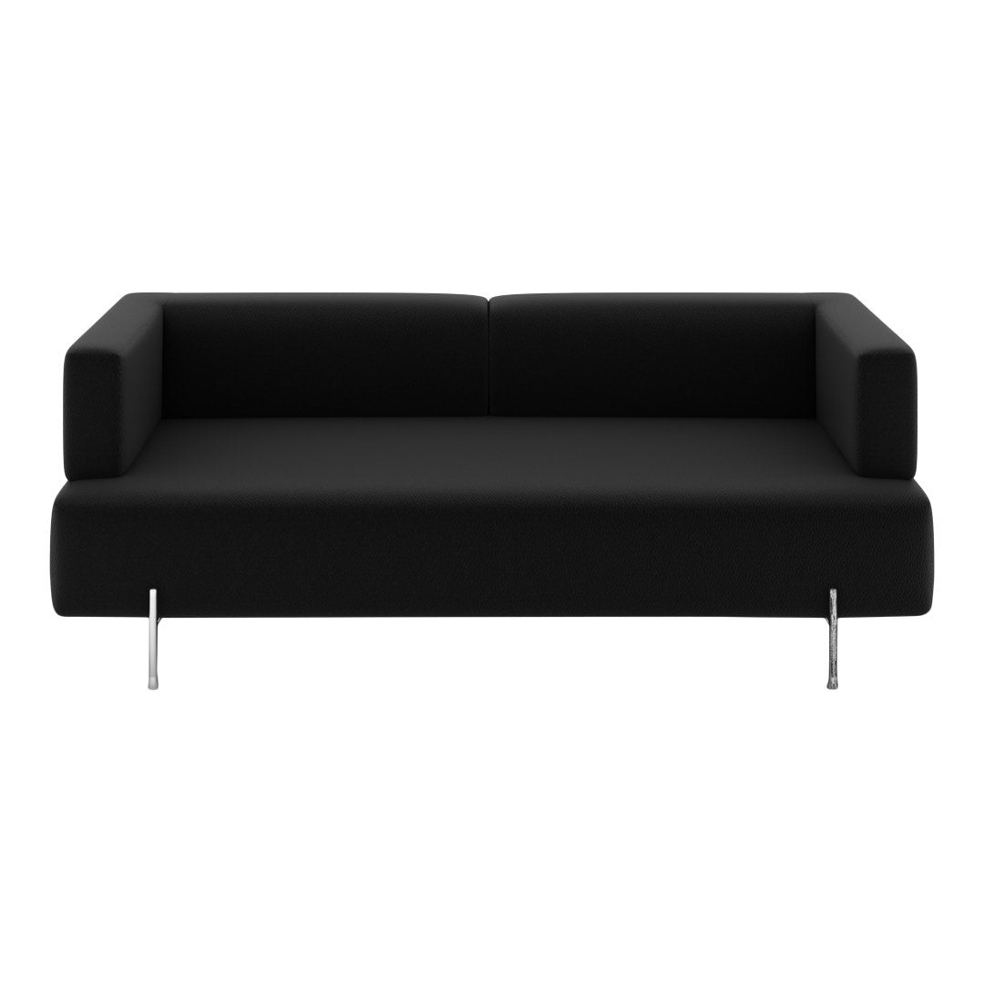 Modern black sofa with sleek minimalist design and chrome legs, perfect for contemporary interiors.
