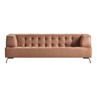 Tan tufted sofa with sleek, modern lines and black metal legs, perfect for stylish living spaces.