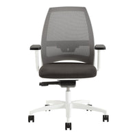 "Modern ergonomic office chair with a sleek black mesh back and plush black seat on a white base."