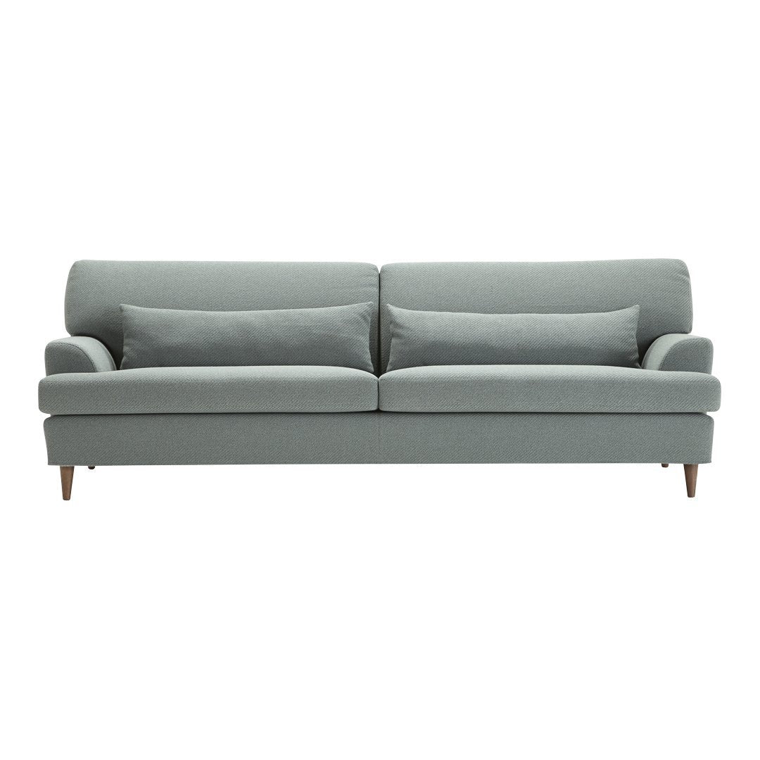 Light gray modern sofa with clean lines and soft cushions, featuring a minimalist design and wooden legs.
