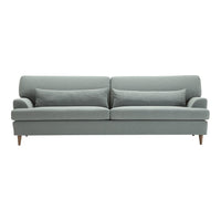 Light gray modern sofa with clean lines and soft cushions, featuring a minimalist design and wooden legs.