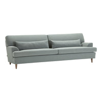 Light blue upholstered sofa with a smooth texture and wooden legs, featuring minimalist design and clean lines.
