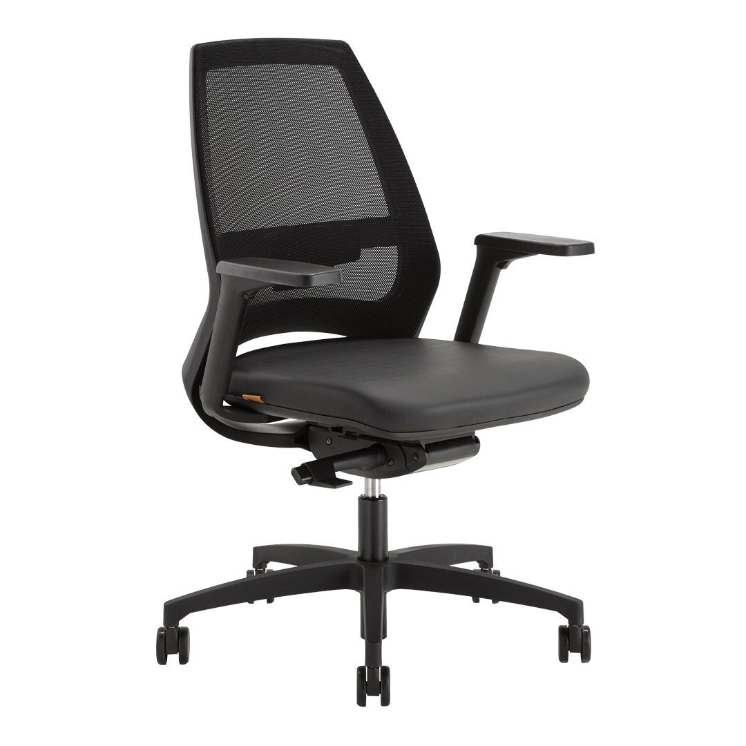 Black ergonomic office chair with a sleek mesh back and smooth padded seat, featuring a modern, minimalist design.