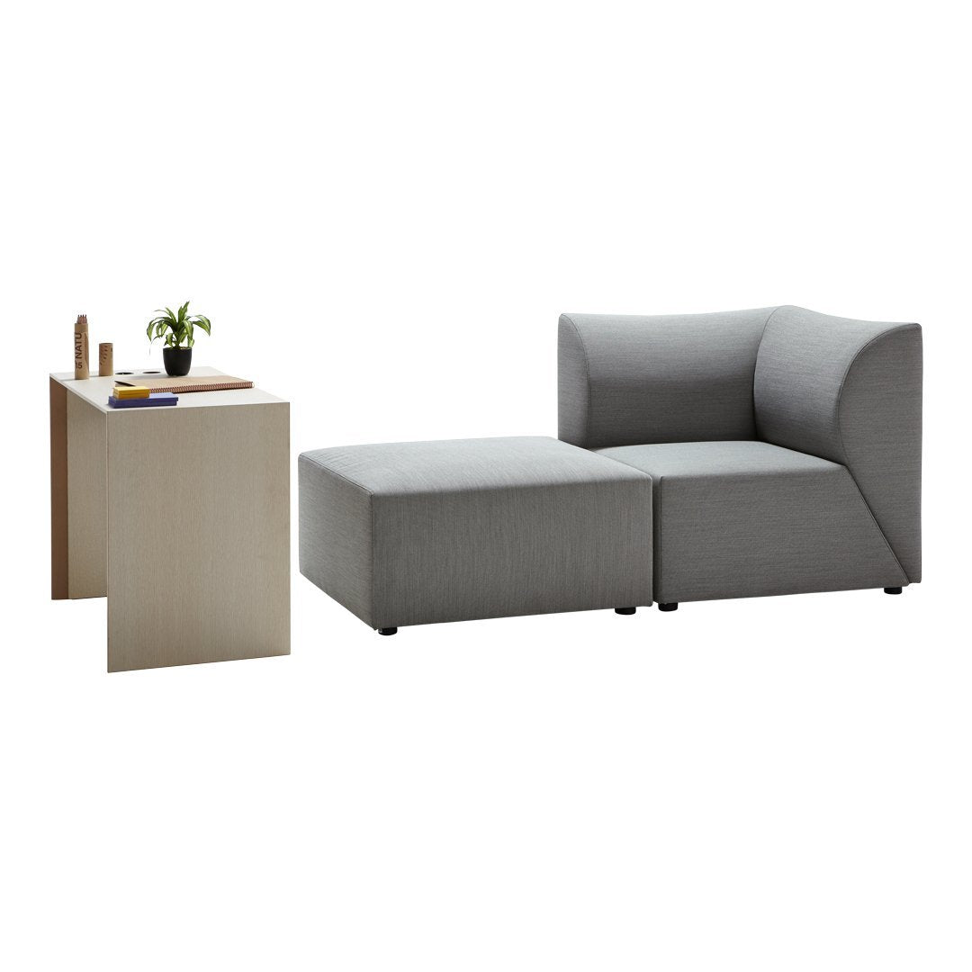 Gray sectional sofa with clean lines and modern design, accompanied by a minimalistic light wood side table.
