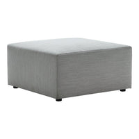 Gray square ottoman with a smooth, textured surface and minimalist design. Perfect for modern decor.